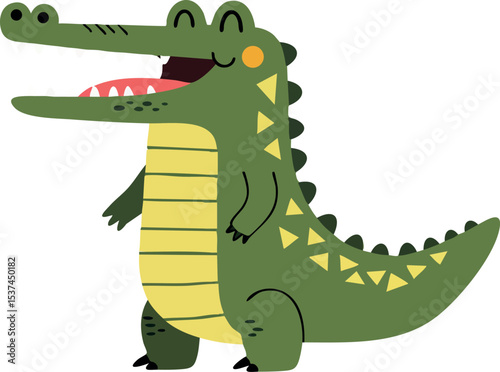 Cartoon crocodile standing smiling with open mouth green and yellow vector illustration 