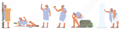 Grey-haired elderly philosopher, ancient thinker cartoon character isolated set on white background