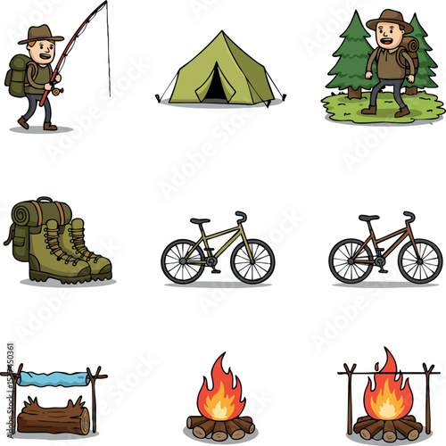 Camping and Hiking Gear with Backpacker, Tent, Campfire, and Bicycles Vector Illustration 