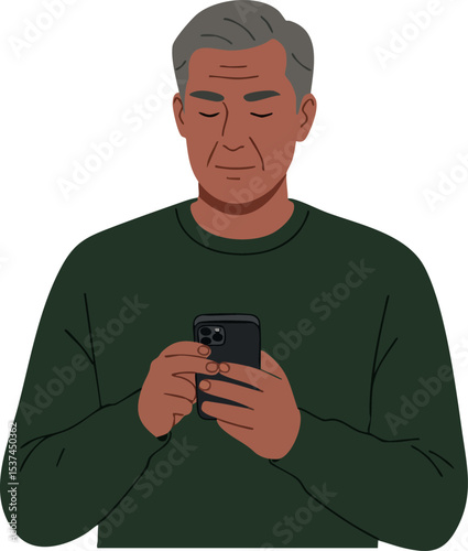 Middle aged man using smartphone in green sweater digital vector illustration portrait 
