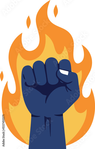 Raised dark blue fist with bright orange flames symbolizing power and resistance vector illustration 