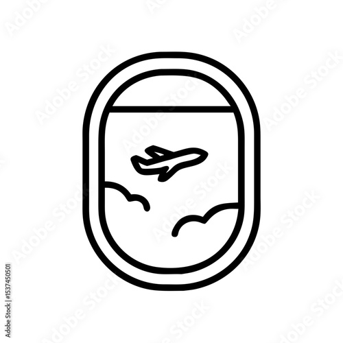 Airplane window view.  Iconic airplane porthole with clouds and small plane silhouette.  Perfect airplane window view image for travel brochures, websites, and social media posts.