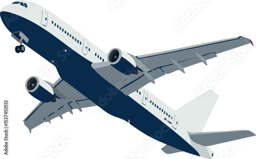 Commercial airplane flying perspective vector illustration in white and blue colors 