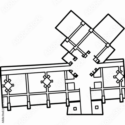 Airport terminal floor plan icon. Detailed airport terminal floor plan illustration shows building layout with gates, shops, and waiting areas.