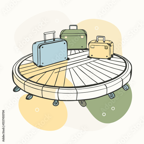 Luggage carousel with suitcases. Airport baggage claim system showing three different suitcases on rotating platform.  Baggage claim illustration for travel agency websites or brochures.