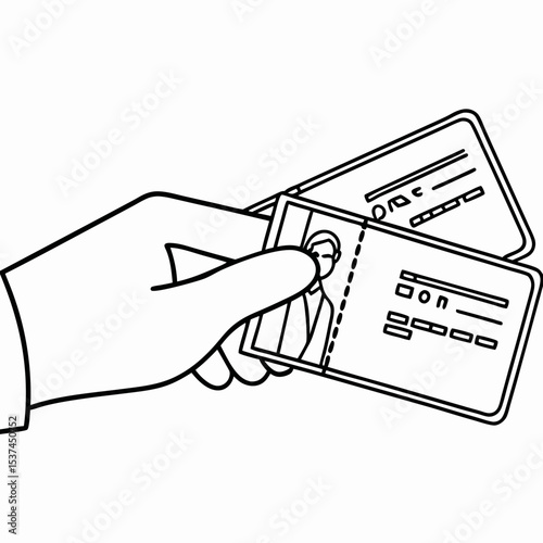 Hand holding boarding pass and identification card. Travel documents include a boarding pass and an id card for air travel.