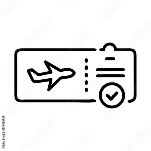 Boarding pass and ID check for safe air travel. Approved boarding pass with flight details and security check mark.  Simple boarding pass icon design for travel apps websites or brochures.