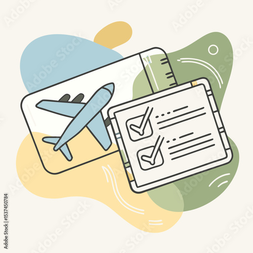 Flight boarding pass and id check for travel planning.  Airline ticket and checklist for smooth trip preparation.