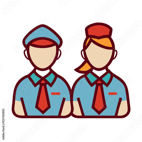 Flight attendants greeting passengers on airplane. Smiling cabin crew members welcome passengers aboard. Professional flight attendants ensure passenger comfort and safety.