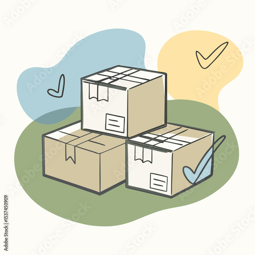Three cardboard boxes ready for customs inspection. Packages are neatly stacked and marked for clearance.  Image depicts boxes checked and approved for customs. This is perfect for shipping,