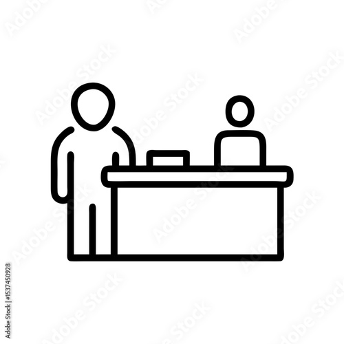 Airport check-in counter with passenger and airline agent. Passenger waits at check-in desk for flight boarding pass.  Check-in counter concept for travel agencies, airport websites, and brochures.