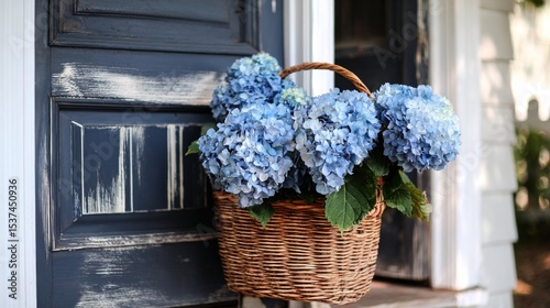 Vibrant Blue Hydrangeas in a Woven Basket at a Charming Entryway on a Sunny A...