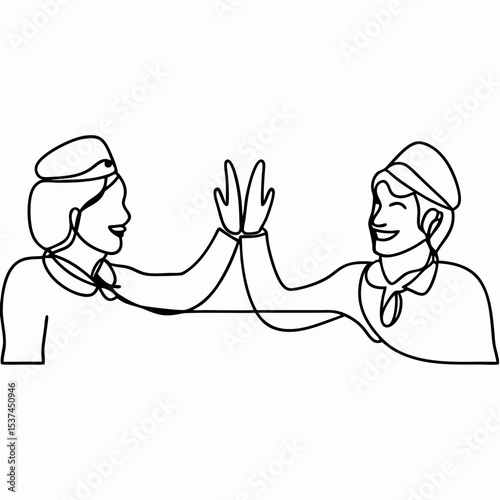 Flight attendants giving high five. Happy cabin crew greeting passengers with cheerful high five gesture.  Positive flight attendant teamwork concept for airline marketing materials.