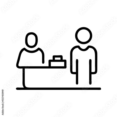 Airport check-in counter with passenger and airline agent.  Passenger waits at check-in desk for flight boarding pass.  Check-in counter design for airport information brochure.