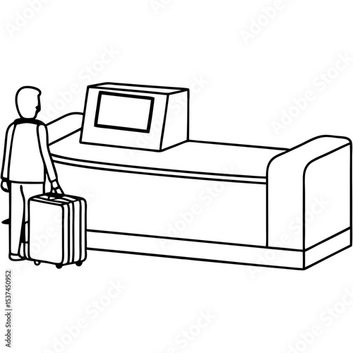 Airport check-in counter with passenger and luggage.  Passenger waits at airline check-in desk for flight registration.  Modern airport check-in counter design for travel agencies and websites.
