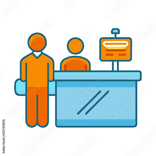 Airport check-in counter with passenger and attendant.  Passenger waits for flight check-in at airport counter.  Friendly airline staff assists passenger at check-in counter.