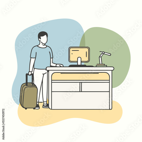 Airport check-in counter with passenger luggage. Traveler stands at airline check-in desk with suitcase. Modern airport check-in concept for travel agency website or brochure.