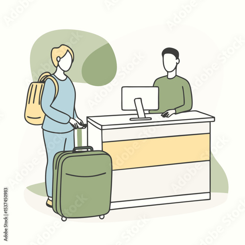 Airport check-in counter with passenger and luggage. Traveler checking in at airline counter.  Passenger provides documents and receives boarding pass.