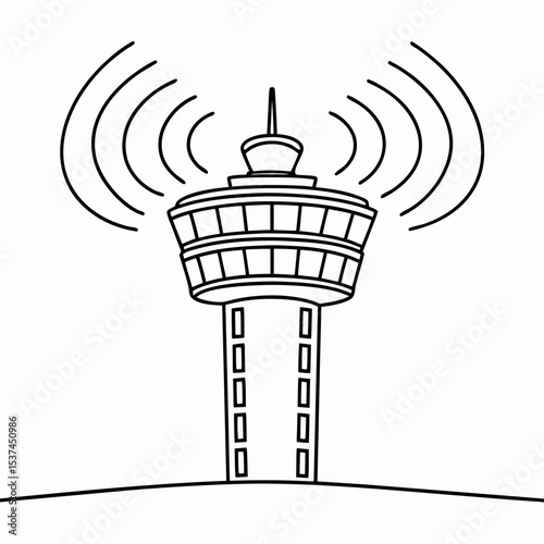 Air traffic control tower emitting radar waves.  Airport control tower with antenna broadcasting signals for safe air travel.