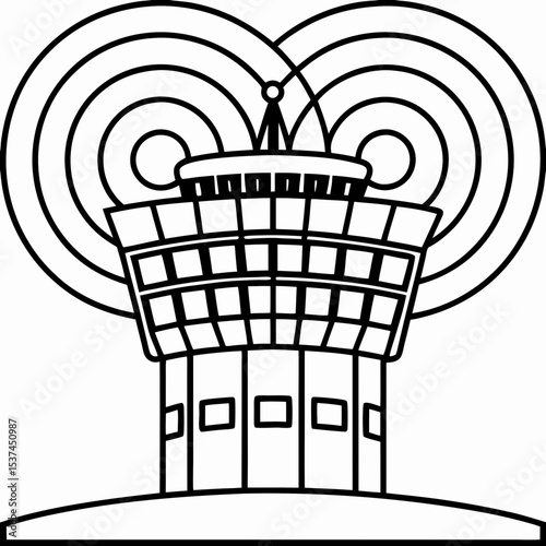 Air traffic control tower with radar waves. Modern air traffic control tower emitting radar signals. Illustration of air traffic control tower for aviation industry.