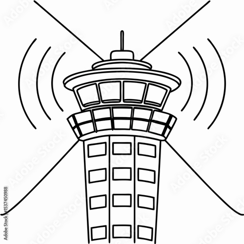 Air traffic control tower emitting radar waves. Detailed illustration of airport control tower with antenna and signal waves.  This control tower graphic is perfect for aviation industry reports,