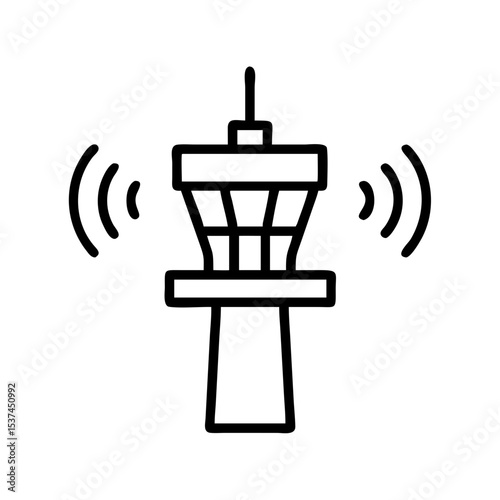 Airport control tower with radar waves emitting signals.  Air traffic control tower image depicts air navigation system.  This control tower graphic is perfect for airport websites, aviation blogs,