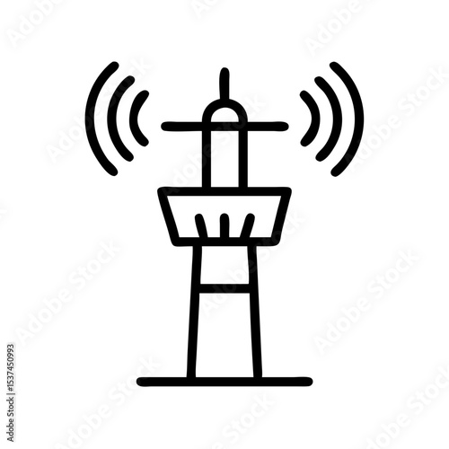 Air traffic control tower with radar waves.  Communication tower emitting radio waves for aircraft navigation.