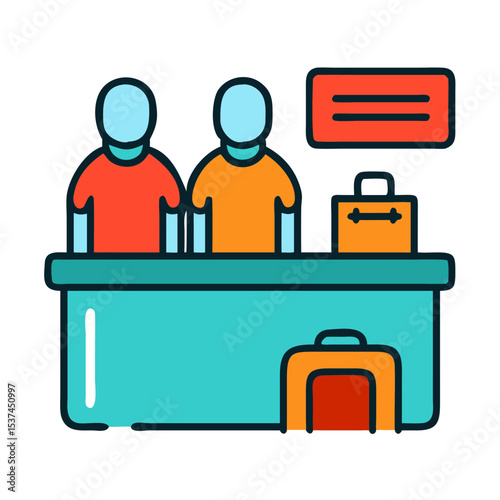 Airport check-in counter with two passengers. Passengers checking in luggage at airport reception. Friendly staff assists passengers at check-in counter.