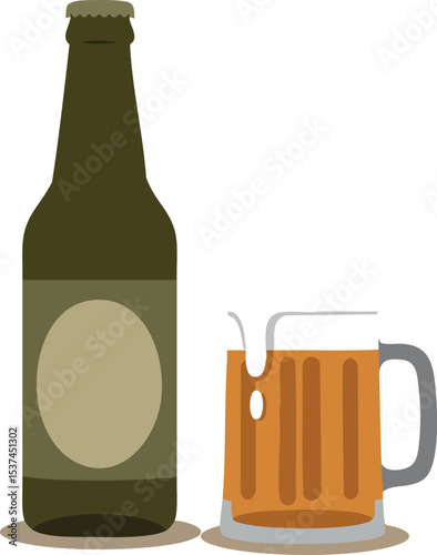 Beer bottle and glass mug with frothy amber beer vector illustration