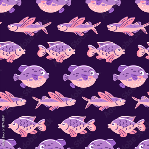 Seamless underwater pattern featuring pufferfish and flying fish in vibrant colors, perfect for textiles, wallpapers, and aquatic-themed designs.