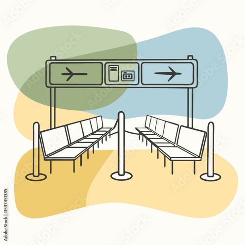Airport departure gate signage with rows of seats. Departure gate area includes directional arrows and information display.