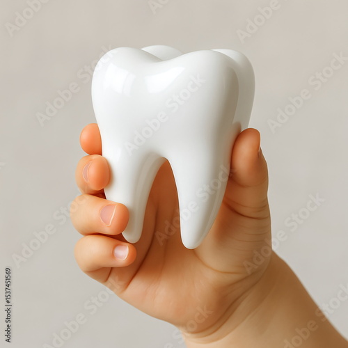 Child's hand holding white 3D tooth model, concept of pediatric dental care and hygiene