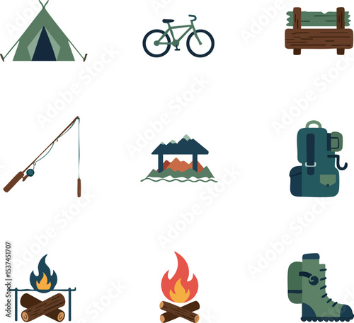 Camping Equipment and Outdoor Adventure Icons Including Tent Bicycle and Campfire Set 