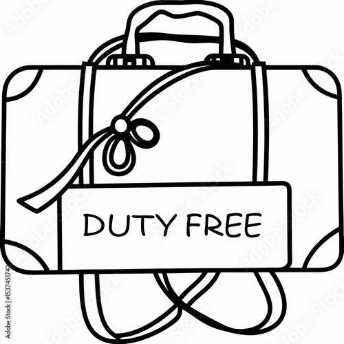 Duty free suitcase with ribbon and tag. Stylish travel luggage with duty free label perfect for travel blogs and websites.  Duty free shopping symbol for travel agency advertisements.