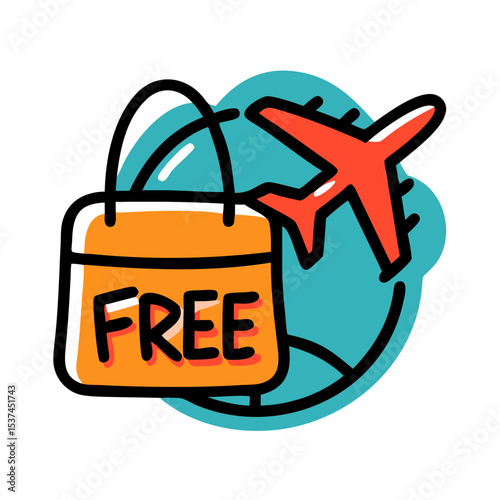 Duty free shopping symbol with airplane and shopping bag. Free shopping bag icon represents tax free goods purchased at airport.  Duty free shopping symbol perfect for travel brochures, websites,