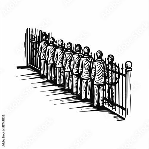 Long queue of people at border crossing gate. People waiting in line at immigration checkpoint. Illustration showing line of people at border control.