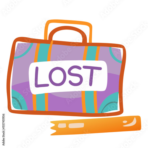 Lost luggage sign with purple suitcase and torn tag. Lost baggage illustration perfect for airport announcements, travel blogs, and lost and found sections.
