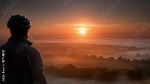 Cyclist watches sunrise over misty valley. Slow motion from behind. 4K.
