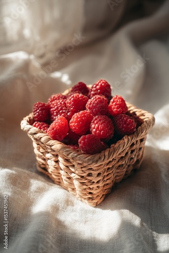 Fresh Raspberries in a Woven Basket on a Soft Cloth in Natural Light During A...