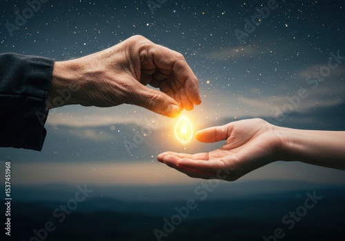 older hand passing a glowing seed of knowledge to a younger hand this is a powerful metaphor for mentorship, passing down knowledge, heritage, and legacy