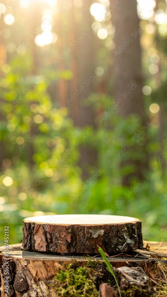 Fototapeta premium Wooden Tree Stump in Sunlit Forest Setting