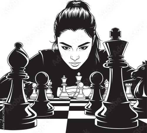Woman Concentrated Chess Game Black White Illustration