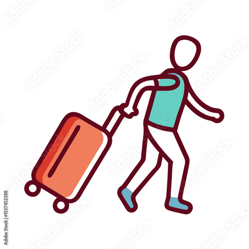 Traveler pulling rolling suitcase on wheels. Person on vacation journey with luggage.  Stylish traveler illustration for travel blogs, tourism ads, or brochures.