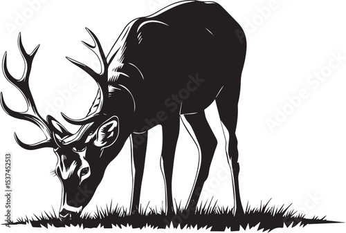 Black and White Deer Grazing in Grass Silhouette vector