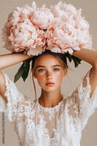 Portrait of a Young Woman With Peony Flowers in a Studio Setting During Dayli...