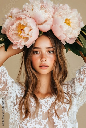 Portrait of a Young Woman With Peony Flowers in a Studio Setting During Dayli...