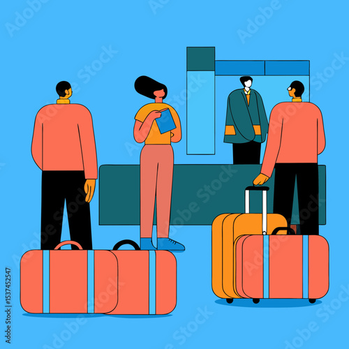 Traveler with luggage at airport customs. Person waits in line at airport check-in counter with multiple suitcases. Traveler with bags at customs control. Image ideal for travel blogs,