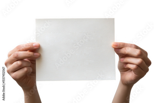 Two hands holding blank white paper square isolated on transparent background