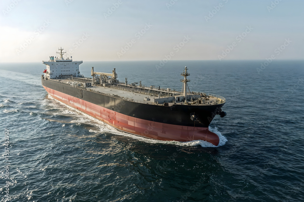 Obraz premium An oil tanker sails across the ocean in good sunny weather