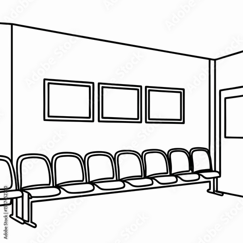 Modern waiting area with comfortable chairs and informational screens. Clean waiting room design features multiple chairs arranged neatly along wall.  Waiting area concept for healthcare facilities,